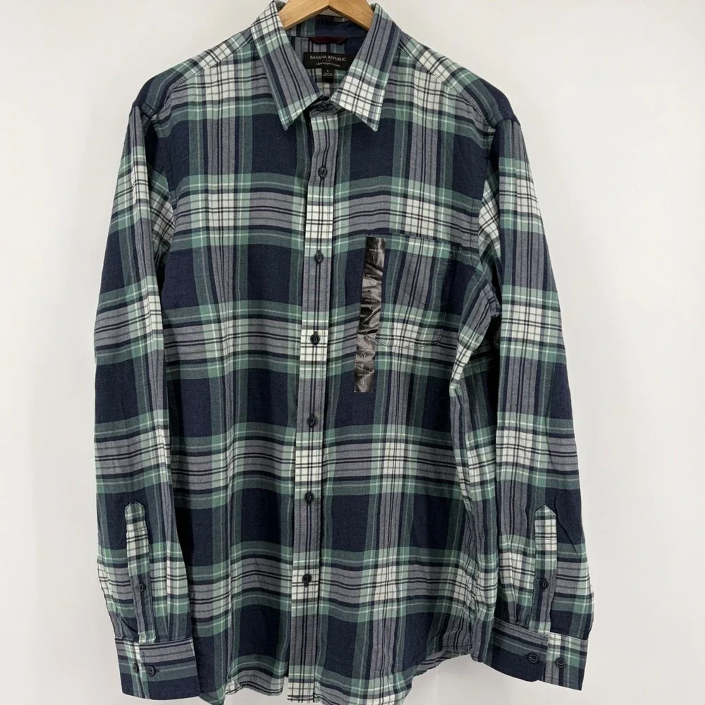 Banana Republic NEW Mens Lightweight Flannel Shirt Navy Blue Green Plaid Large L